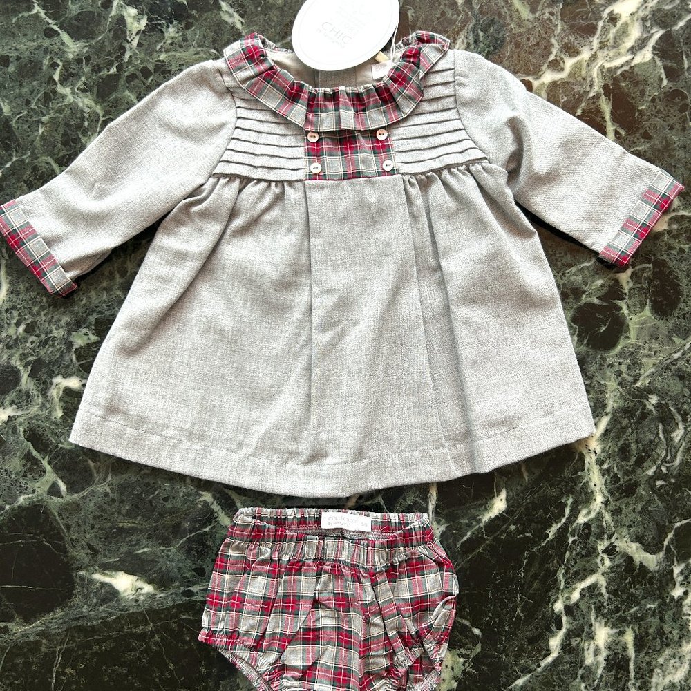 NWT Laranjinha 1981 Chic Baby Girl Gray and Tartan Dress w/ Bloomers (Size 6M)